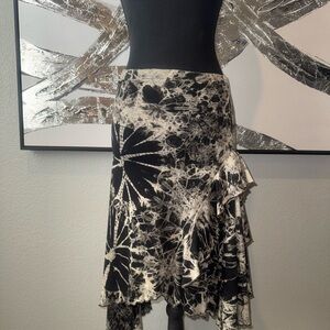 Black and Cream Tie-dye Asymmetrical Ruffle Midi Skirt